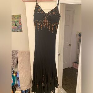 Sue Wong Black and Orange Beaded Maxi Dress